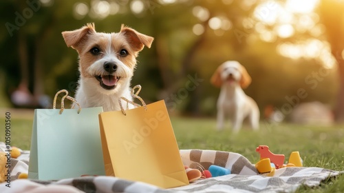 A joyful dog sits at a picnic surrounded by vibrant bags on a plaid blanket, basking in the sun with another dog playing in the background in a lush green park. photo