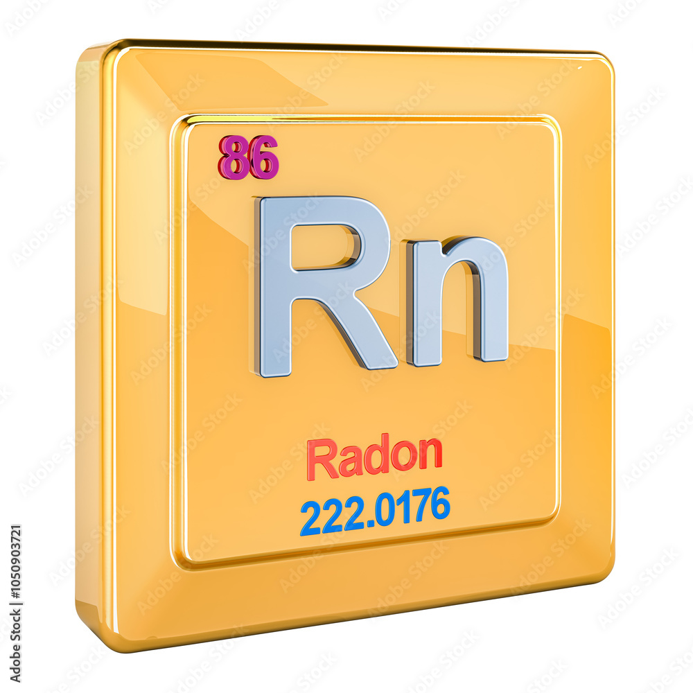Radon Rn, chemical element sign with number 86 in periodic table. 3D rendering isolated on transparent background Radon Rn, chemical element sign with number 86 in periodic table. 3D rendering isolated on transparent background
