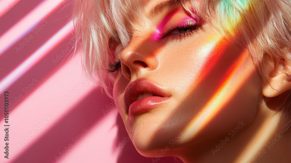 An artistic close-up showcasing vivid pink and rainbow stripes illuminating a person’s face on a pink background, projecting beauty and serene elegance. An artistic close-up showcasing vivid pink and rainbow stripes illuminating a person’s face on a pink background, projecting beauty and serene elegance.