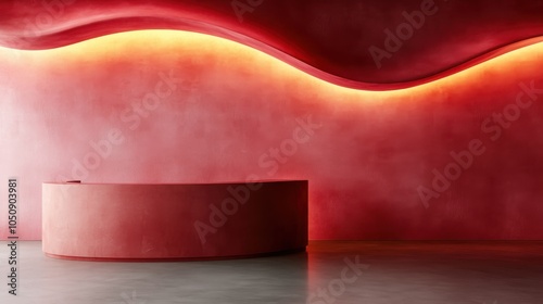 A sophisticated interior space featuring a minimalist reception desk with red wave lighting, creating a warm and inviting ambiance in a contemporary style. photo