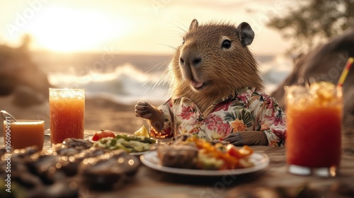 A capybara, clad in a floral shirt, sits at a richly laid picnic table by the sea, enjoying a feast of food and drinks underneath a warm, setting sun. photo