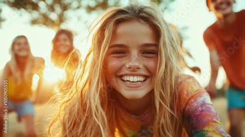 A happy girl enjoys a playful time with friends in the sunlight, celebrating youth, friendship, and the lively spirit of sunny outdoor experiences.