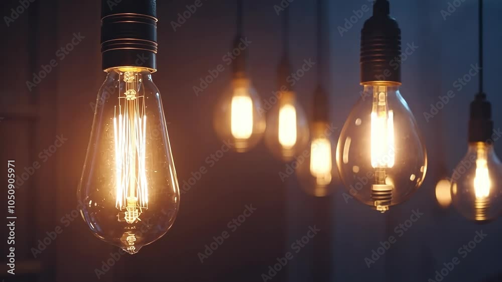 A close-up of a vintage-style light bulb hanging from a ceiling, with several others in the background