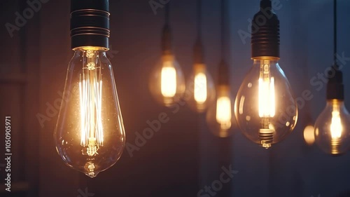 A close-up of a vintage-style light bulb hanging from a ceiling, with several others in the background
