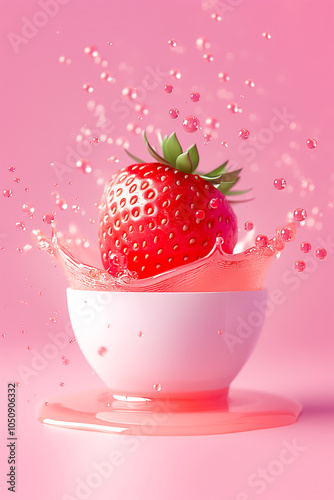 A ripe strawberry makes a delightful splash as it drops into a bright pink liquid, sending droplets soaring in an artistic display of color and freshness