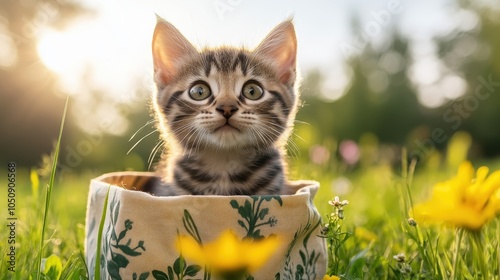 A small tabby kitten with curious eyes is nestled inside a floral-patterned basket, in a lush, sunlit meadow featuring vibrant yellow flowers under a blue sky. photo