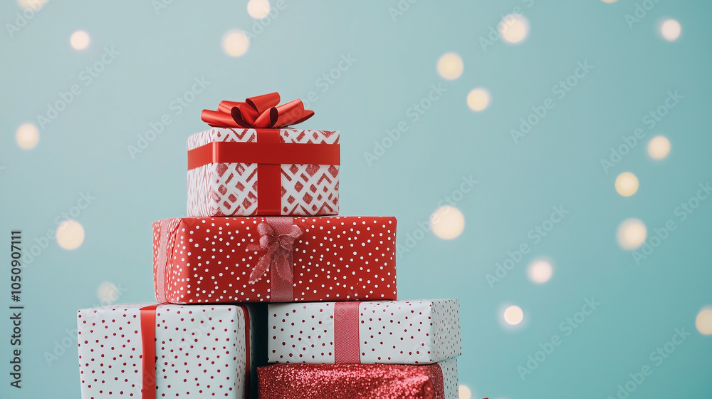 Fototapeta premium Stack of colorful gift boxes with ribbon, elegant minimalist design, gift box for birthday, wedding, anniversary, party, event, gift guide, retail idea, advertising, Christmas gifts. AI generation