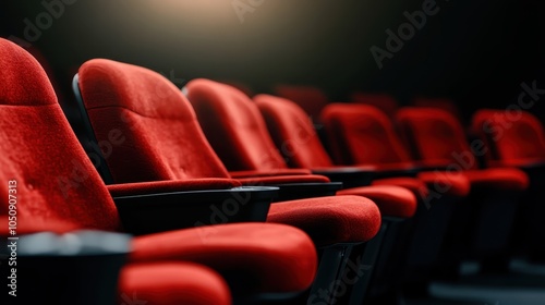 A row of plush red cinema seats under dim lighting, capturing the essence of luxury, comfort, and anticipation often associated with a cinematic viewing experience. photo