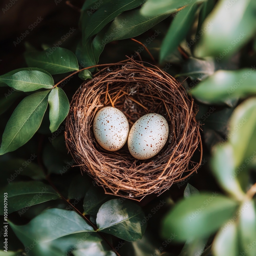 Nest containing two speckled blue eggs resting among green leaves in natural surroundings Nest containing two speckled blue eggs resting among green leaves in natural surroundings