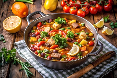 A Hearty Pot of Vegetable Stew With Meat, Colorful Veggies, and Herbs, Resting on a Rustic Wooden Table