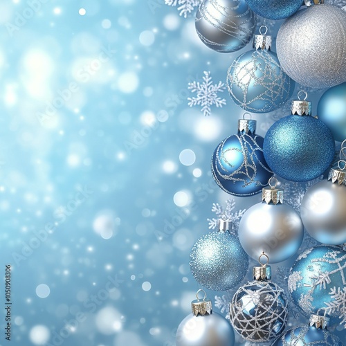Beautiful blue and silver ornaments hanging on a Christmas tree with a winter background