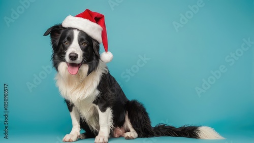 A cheerful black and white retriever dog wearing a Santa hat(sitting,standing), set against a soft light blue background with plenty of space for your text.