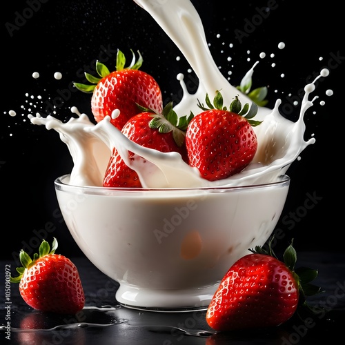 strawberry falling into milk, Ai generative.