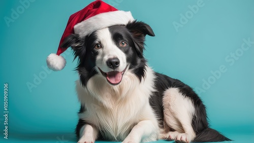 A cheerful black and white retriever dog wearing a Santa hat(sitting,standing), set against a soft light blue background with plenty of space for your text.