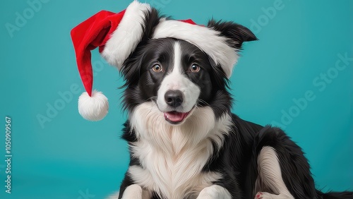 A cheerful black and white retriever dog wearing a Santa hat(sitting,standing), set against a soft light blue background with plenty of space for your text.