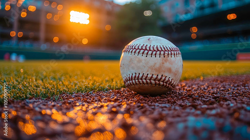 Close-up of a baseball resting on the infield dirt, with an empty stadium blurred in the background. Perfect for sports, baseball, and competition themes
