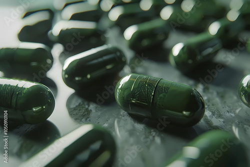 A close-up of green capsules scattered on a reflective surface, showcasing their glossy finish and intricate detailing. photo