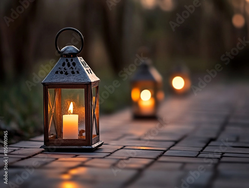 A tranquil lantern illuminating a stone pathway at dusk. photo