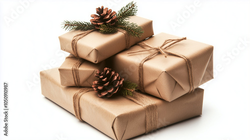 Stack of gift boxes in kraft paper with ribbon, elegant minimalist package, gift box for birthday, wedding, anniversary, party,event,gift guide,retail idea, advertising, Christmas gifts. AI generation