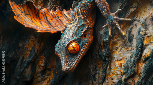 The Hunting Technique of the Satanic Leaf-tailed Gecko Camouflaged Against Textured Tree Bark photo