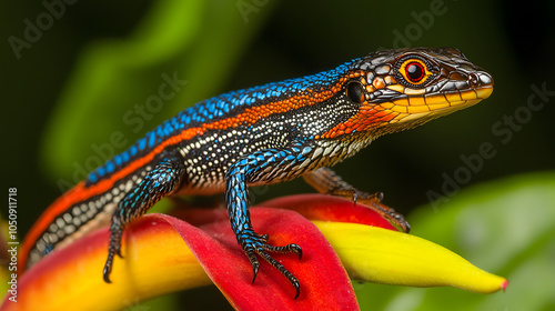 The Colorful Rainbow Whiptail Lizard Perched Elegantly on a Flower, Capturing the Beautiful Essence of Nature's Harmony in the Rainforest photo