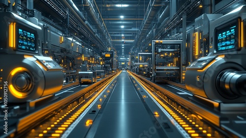 Futuristic factory interior with a long conveyor belt, advanced machinery and glowing lights.