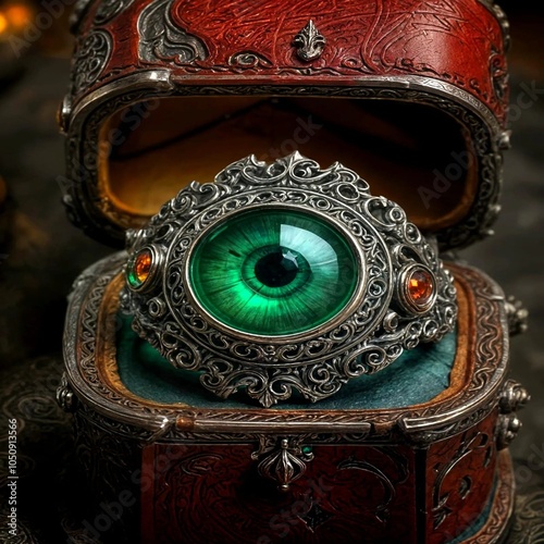 Brooch in a box in the form of a green eye photo