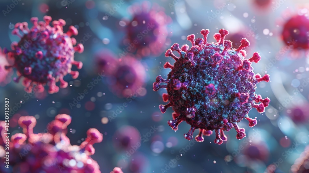 Fototapeta premium Illustration of coronaviruses in a microscopic view, showing virus structure and cellular background