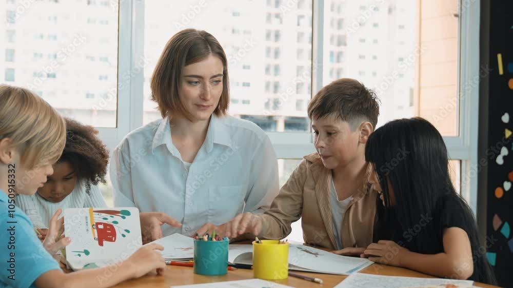 Professional caucasian teacher telling story to diverse student while sitting at table with storybook and colored book. Smart learner listening story while colored picture from instructor. Erudition. Professional caucasian teacher telling story to diverse student while sitting at table with storybook and colored book. Smart learner listening story while colored picture from instructor. Erudition.