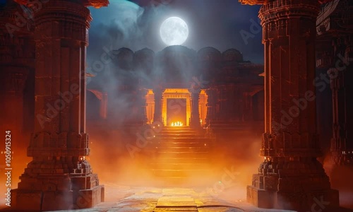 Enchanting ancient temple illuminated by full moon, surrounded by mystical fog and glowing flames, showcasing intricate stone pillars and a serene atmosphere