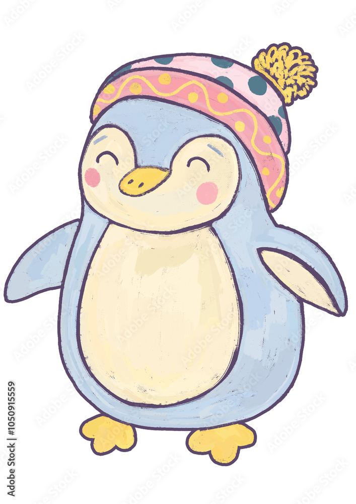 Fototapeta premium Children's illustration of cute blue penguin isolated on transparent background hand drawn