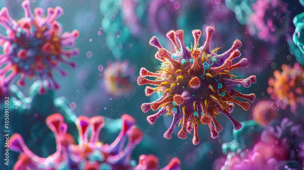 Illustration of coronaviruses in a microscopic view, showing virus structure and cellular background Illustration of coronaviruses in a microscopic view, showing virus structure and cellular background