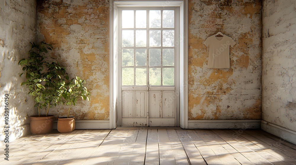 Bright and Airy Rustic Interior with Window and Plant Bright and Airy Rustic Interior with Window and Plant