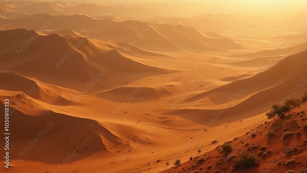 Naklejka premium Barren desert planet with deep canyons sand dunes and patches of strange vegetation