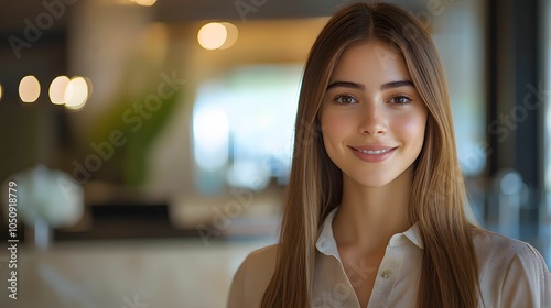 portret, recepcjonistka hotelowa, hotel, kobieta, luksus, profesjonalizm, uśmiech, elegancja, atmosfera, światło, estetyka, przyjazność, bliskość, detale, nowoczesność, świeżość, harmonia, opieka, ins