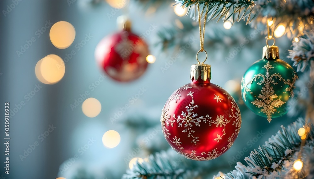 Red, gold, and green Christmas baubles on a tree with space for holiday wishes, perfect for adding a personal touch to your festive greetings Red, gold, and green Christmas baubles on a tree with space for holiday wishes, perfect for adding a personal touch to your festive greetings
