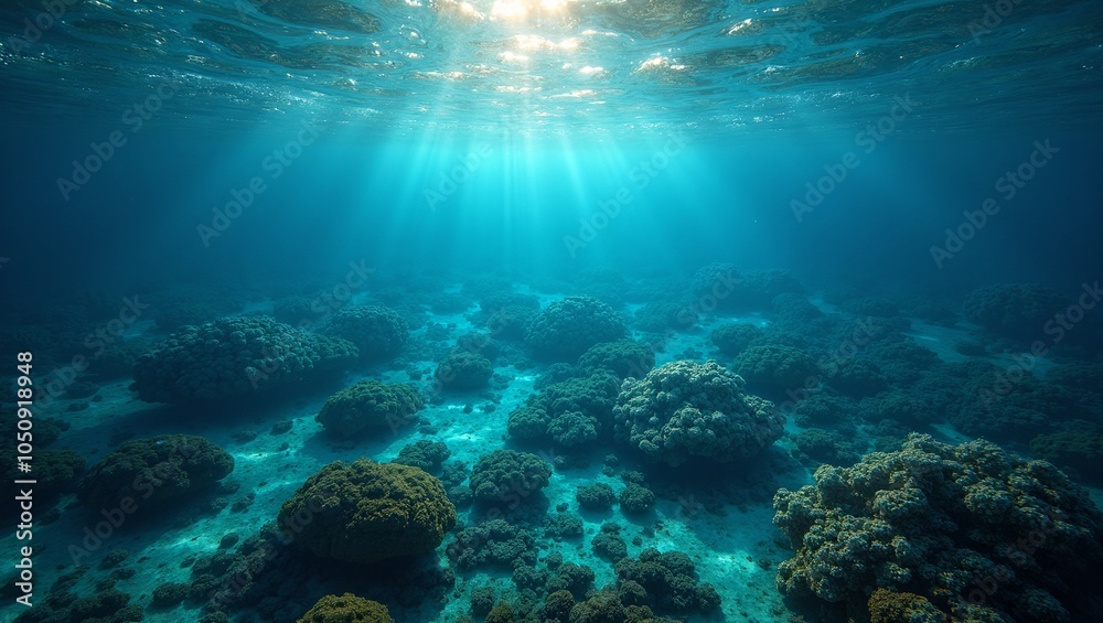 Fototapeta premium Transparent ocean planet with colorful coral reefs and bioluminescent organisms