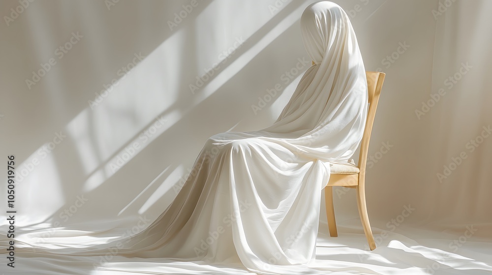 Ethereal Figure Draped in White Fabric on Chair Ethereal Figure Draped in White Fabric on Chair