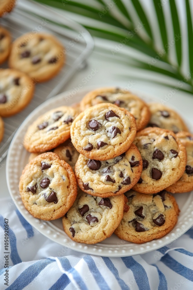 Freshly baked chocolate chip cookies on a white plate with a tropical touch at home Freshly baked chocolate chip cookies on a white plate with a tropical touch at home