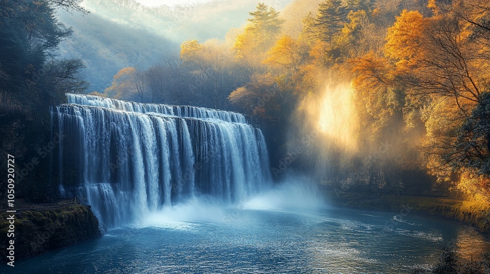 A majestic waterfall cascades down a rocky cliff, with golden autumn foliage surrounding it. The sunlight streams through the trees, illuminating the mist and creating a magical atmosphere. A majestic waterfall cascades down a rocky cliff, with golden autumn foliage surrounding it. The sunlight streams through the trees, illuminating the mist and creating a magical atmosphere.
