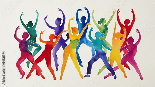 Colorful Group of Dancers Gymnasts Silhouettes in Motion, Jumping and Dancing Ballet Dance Abstract Watercolor Illustration