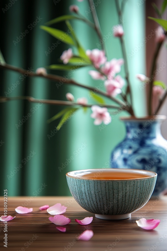 Tranquil tea setting with cherry blossom flowers and delicate petals in a serene atmosphere Tranquil tea setting with cherry blossom flowers and delicate petals in a serene atmosphere