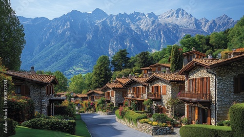 A picturesque village nestled in a valley with snow-capped mountains in the background. The houses are made of stone and wood, with colorful flowers and lush greenery surrounding them.