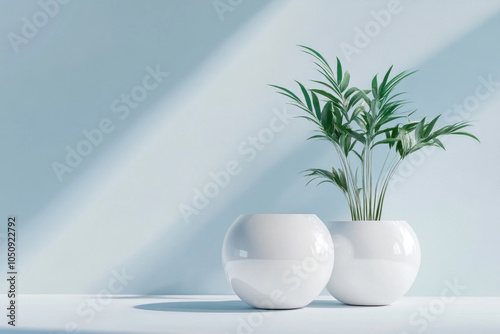 Two white vases with a plant in them on a wooden shelf against a white wall.