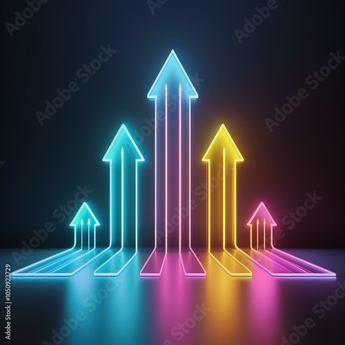 3d render abstract minimalist geometric background three neon arrows linear rising chart