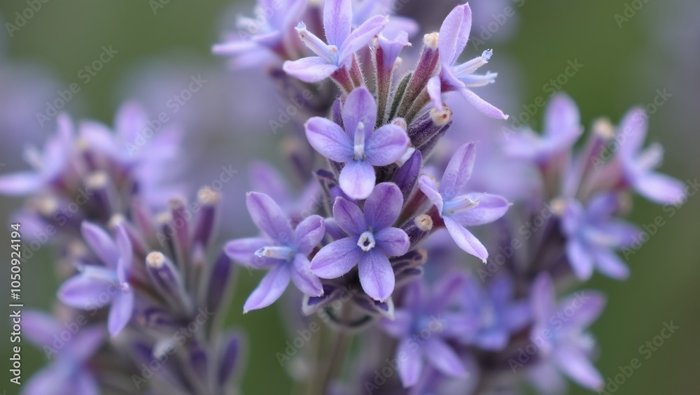 Fototapeta premium Soft purple lavender blossoms with velvety petals and green leafy background