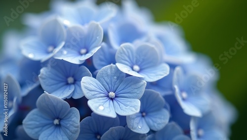 Soft blue hydrangea bloom with dewdrops on petals against a blurred green background