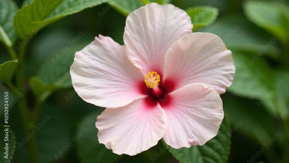Close up of a pale pink hibiscus flower with delicate gradient petals and yellow stamen Close up of a pale pink hibiscus flower with delicate gradient petals and yellow stamen