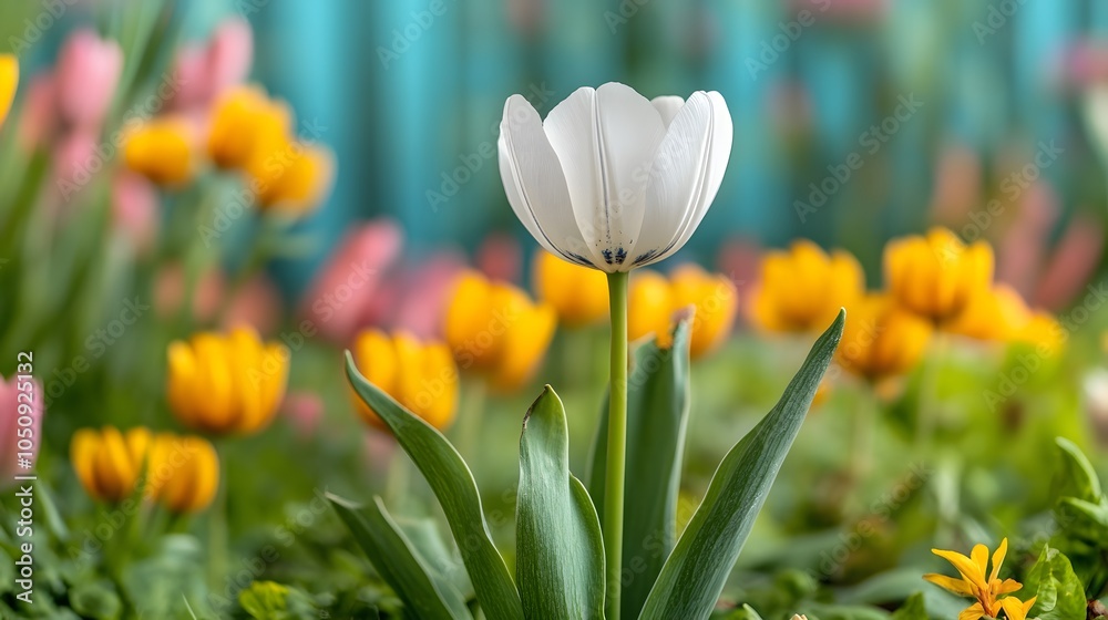 White Tulip Amid Colorful Spring Flowers White Tulip Amid Colorful Spring Flowers