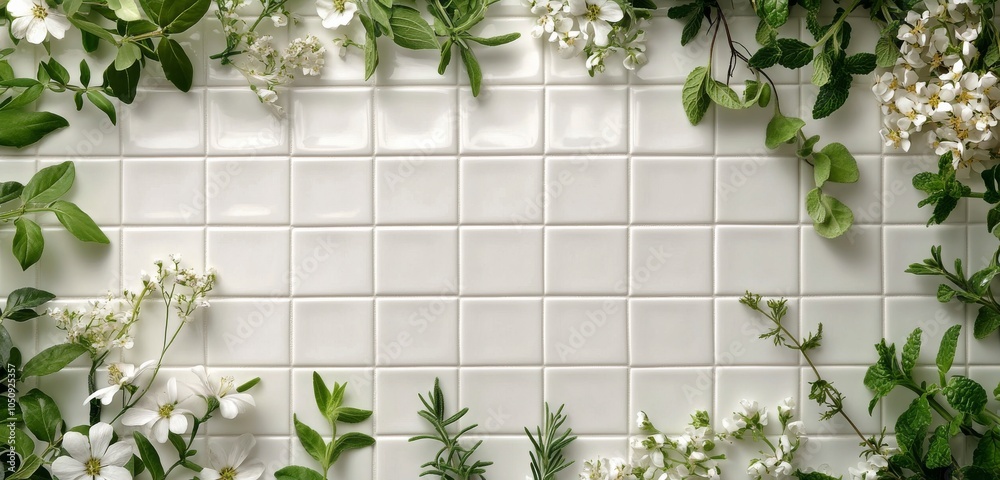 Obraz premium Arranged greenery and cosmetic products on a white tiled surface in a natural setting
